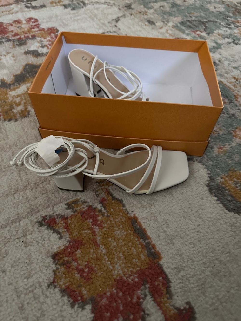 Unisa White Strappy Square Toe Block Sandals with Wrap Ties